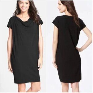 Eileen Fisher Draped Neckline Jersey Shift Dress Cap Sleeve Large Black